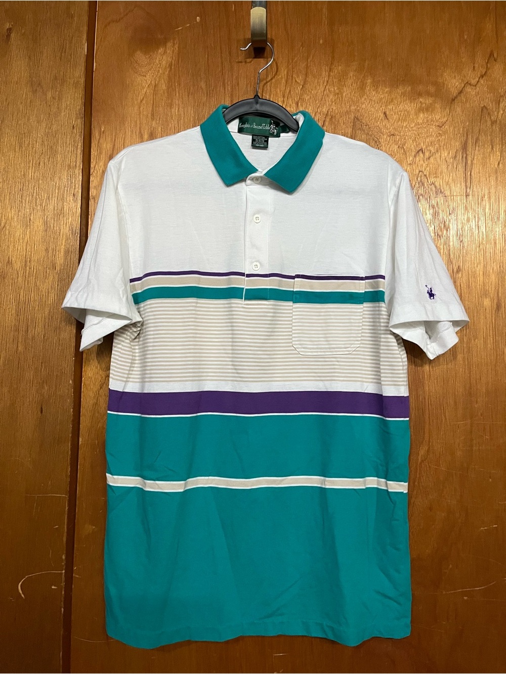 Vintage Knights of Round Table Men's L Striped Short Sleeve Polo Logo White Teal